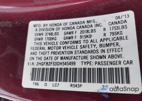 2013 Honda Civic Lx from USA, damaged, VIN 2HGFB2F53DH545499